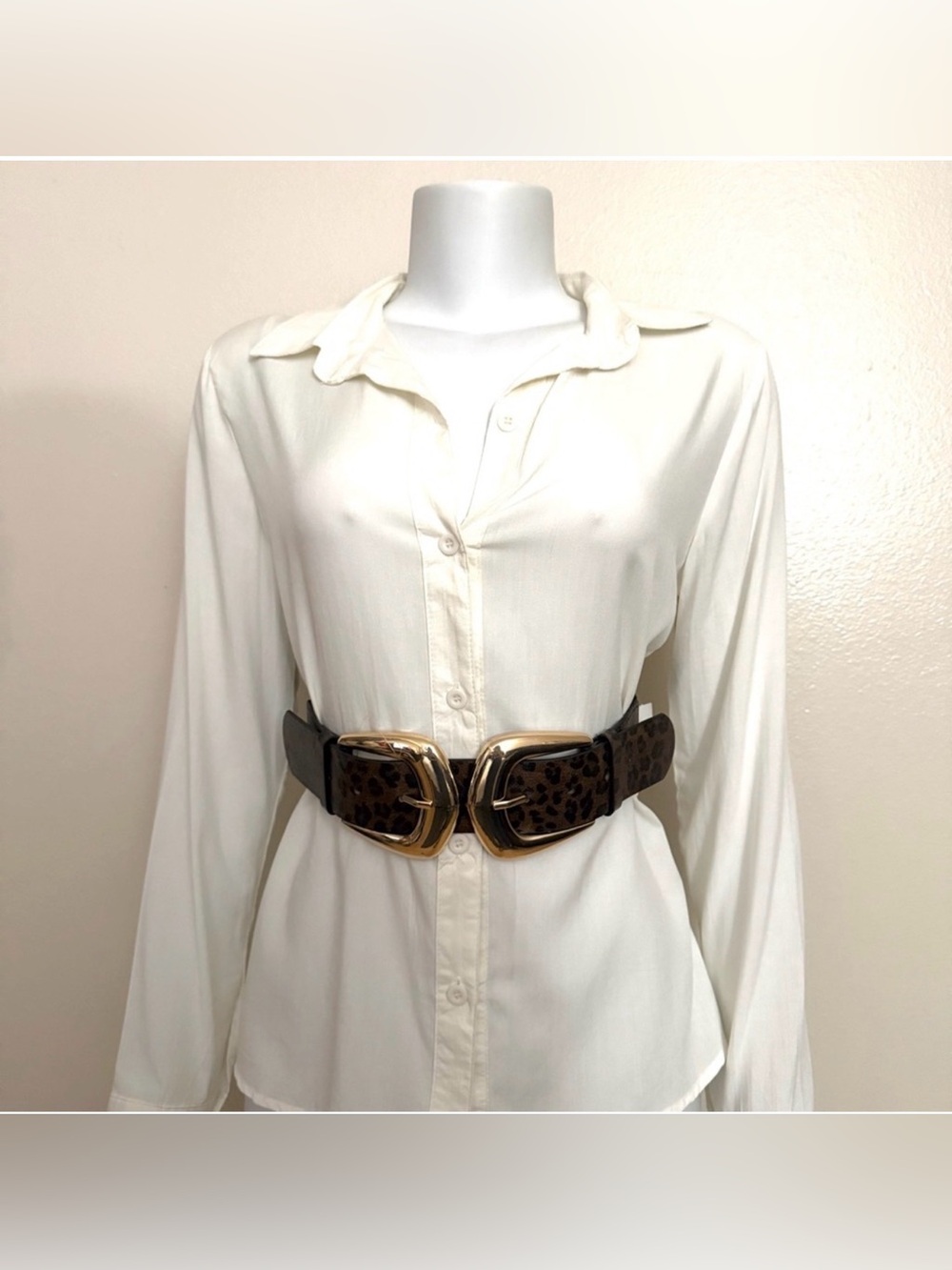 Deep brown leopard print PU leather elastic waistband gold double buckle belt - Picture 3 of 8